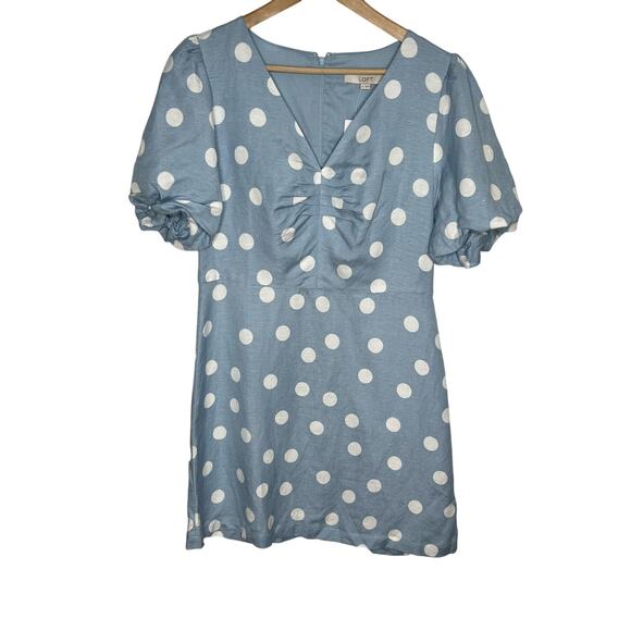 Loft Short Sleeve Linen Blend Mini Dress 6 Blue White Polka Dot 2025 Style - Picture 3 of 12